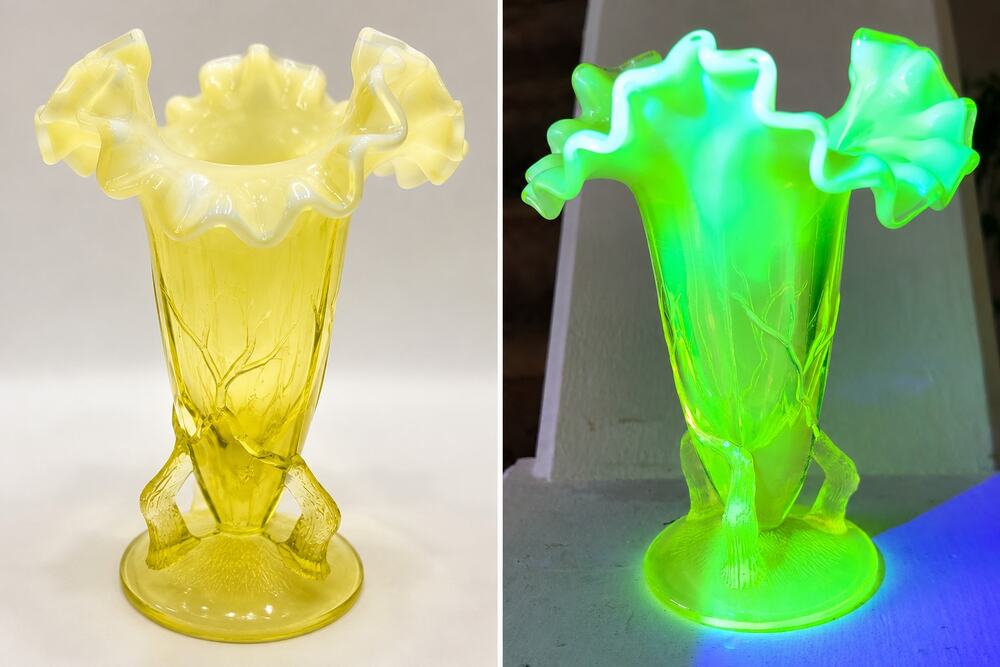 Antique Northwood Twigs Vaseline Uranium Opalescent Glass Vase c1898 6”